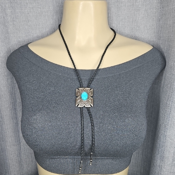 Western Style Silver and Blue Bolo Tie with Turquoise Pendant - Picture 1 of 6